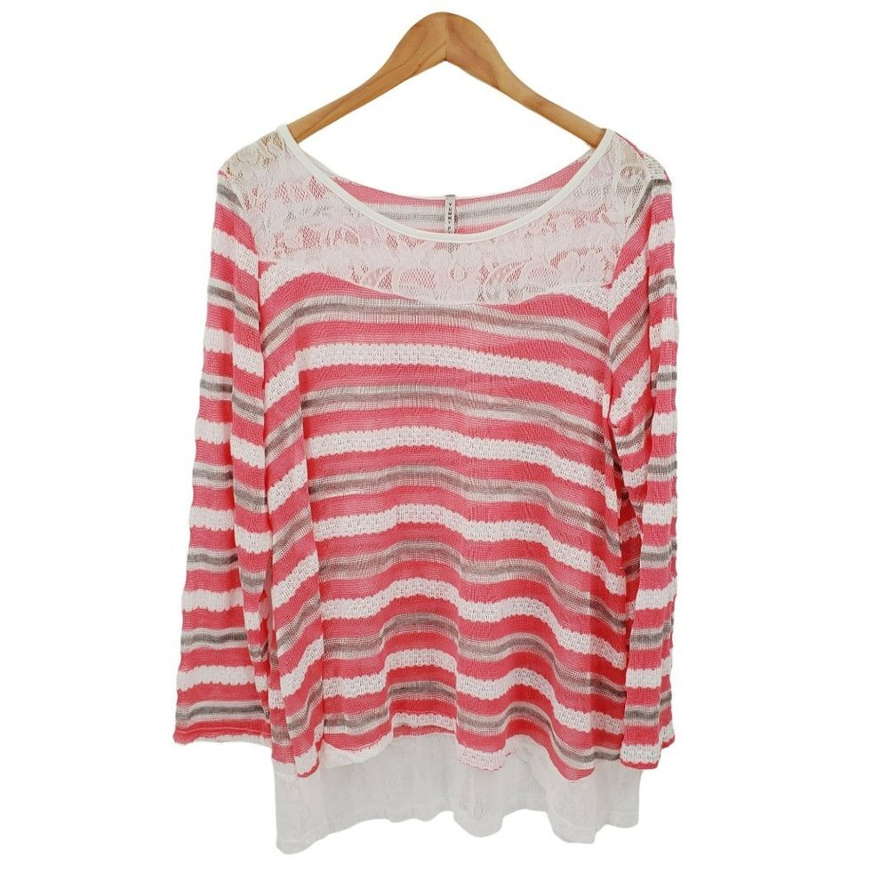 Womens Pink Striped Hi-Low Tunic Top 2X Long Sleeve Scoop‎ Neck Lace Yummy Plus